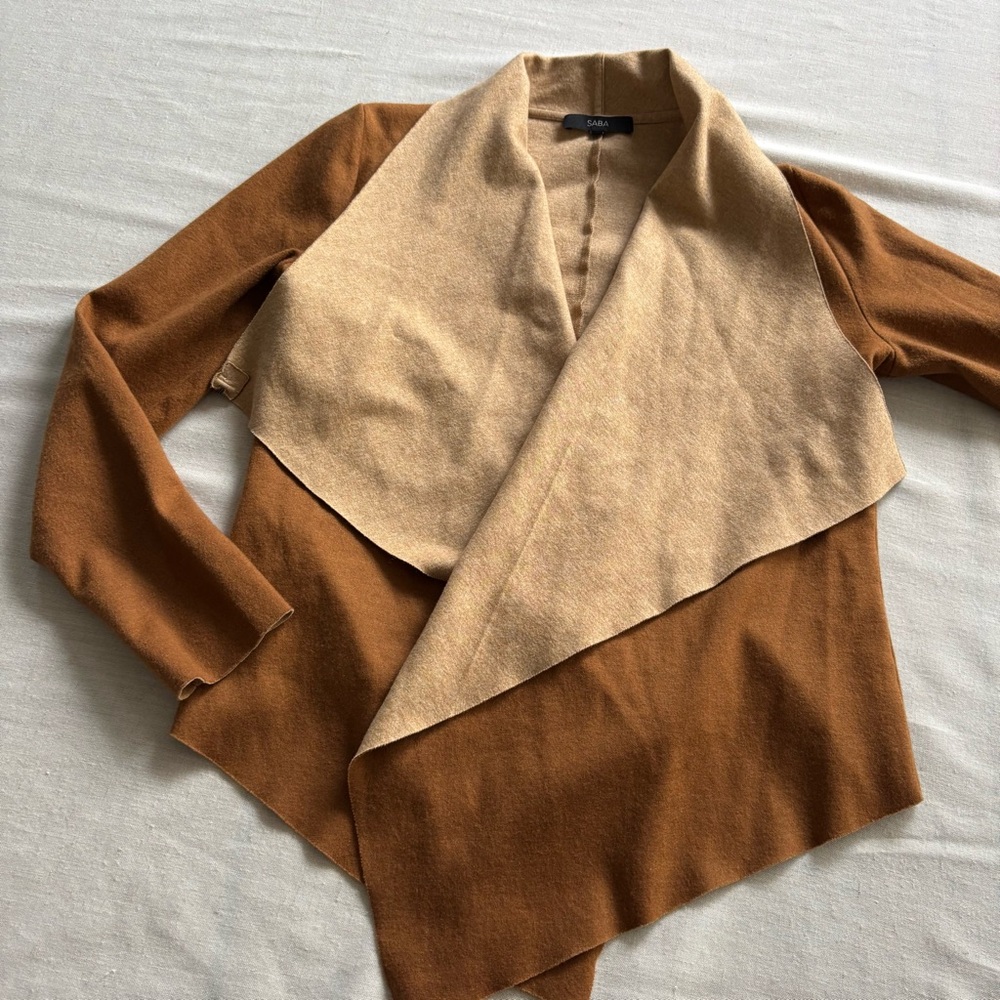 SABA Brown Beige Wool Blend Open Front Draped Cardigan Size S